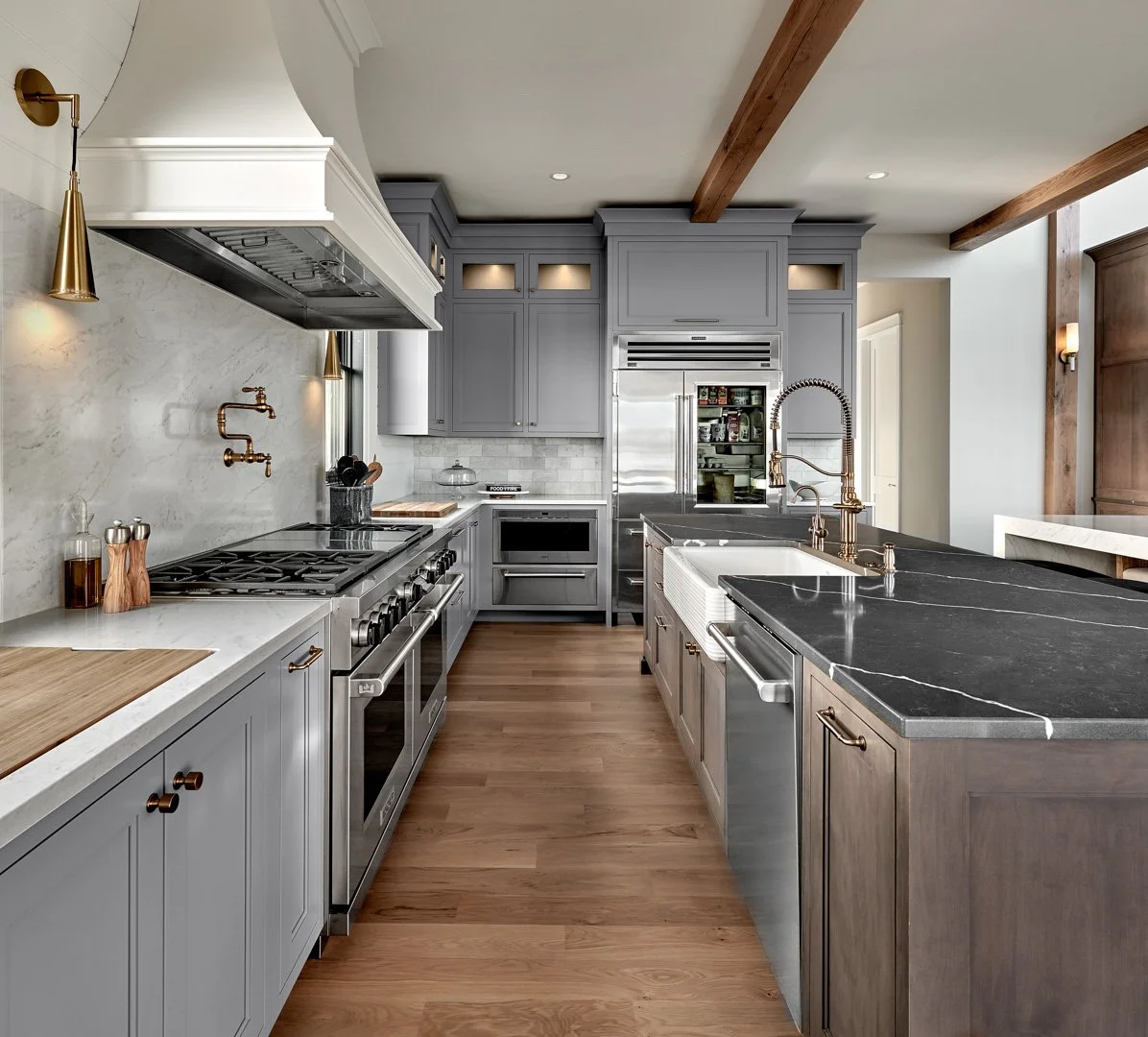 Kitchen with pendant lighting and island seating