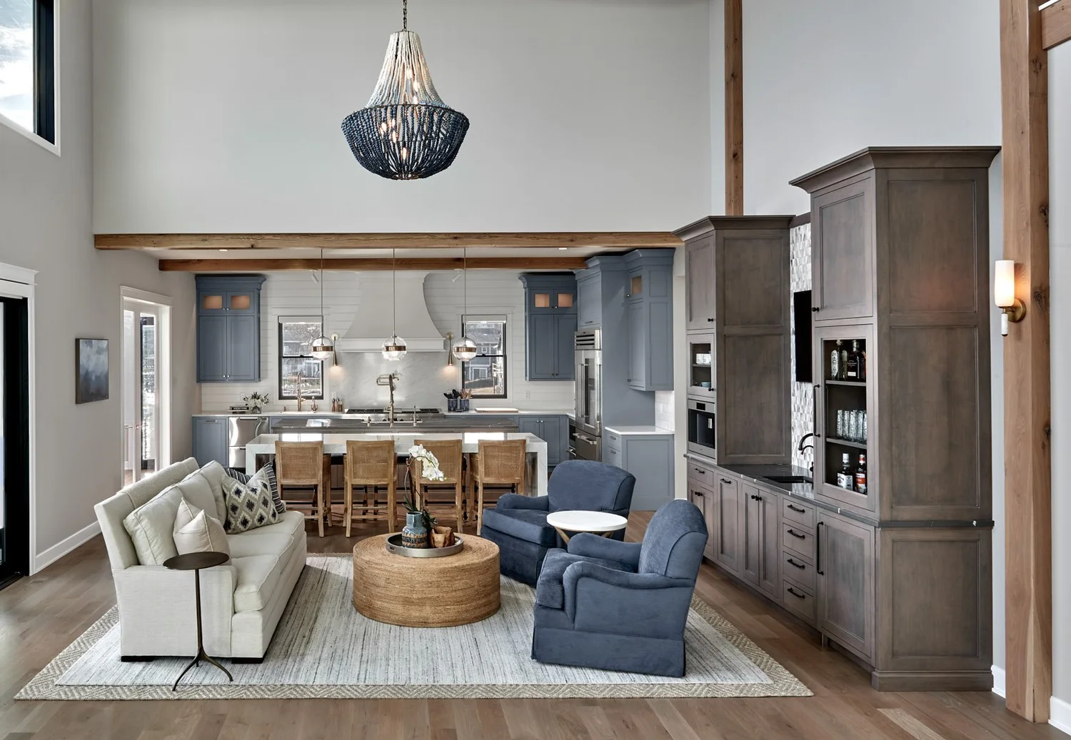 Living room seating with layered textiles