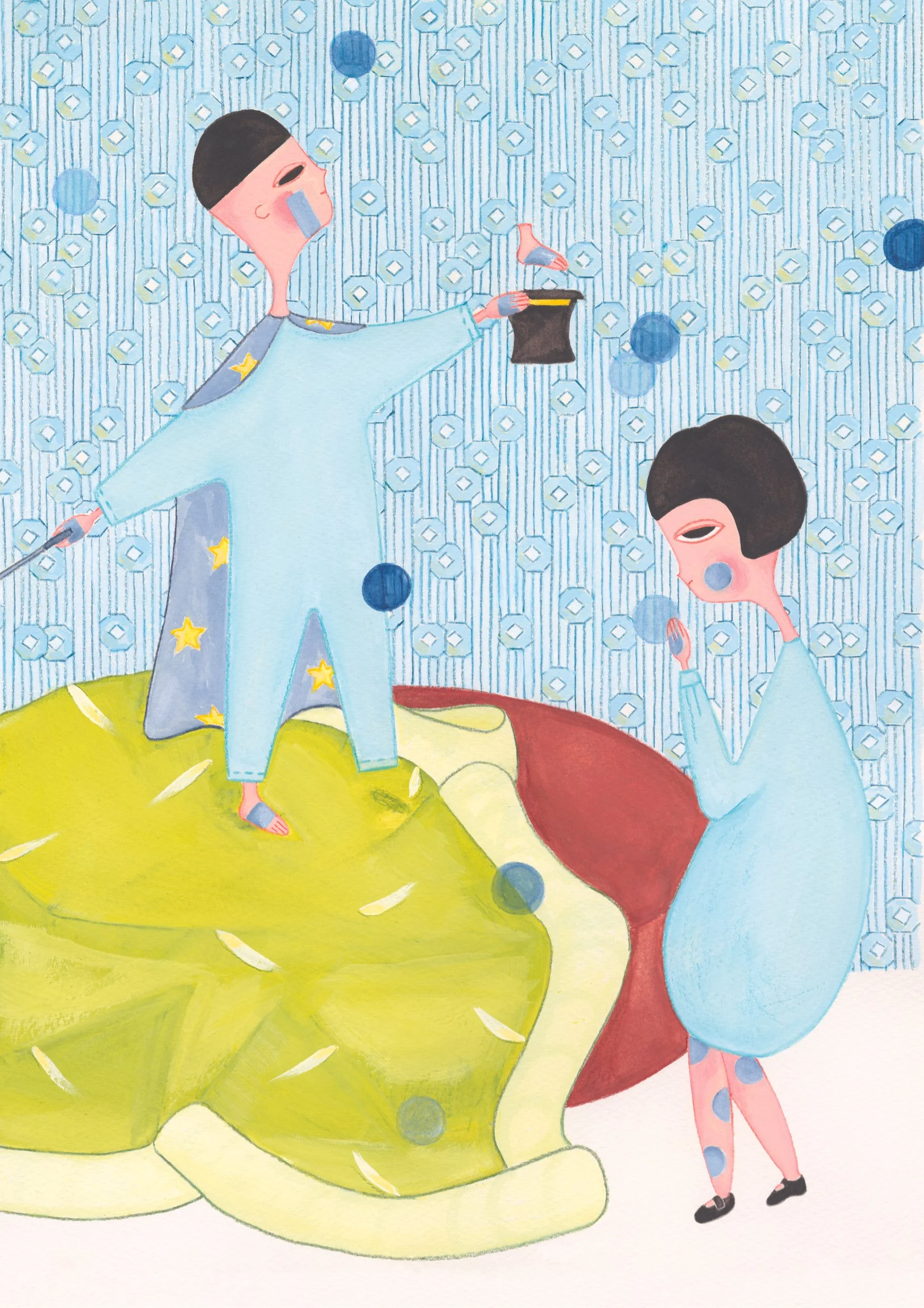 Une scène d'une fête avec deux personnages portant des pyjamas avec des motifs d'étoiles et de pois, un personnage debout sur un coussin jaune qui tient une baguette magique, et un autre assis avec un ballon de bulle, dans un décor décalé à motifs géométriques et de bulles.
