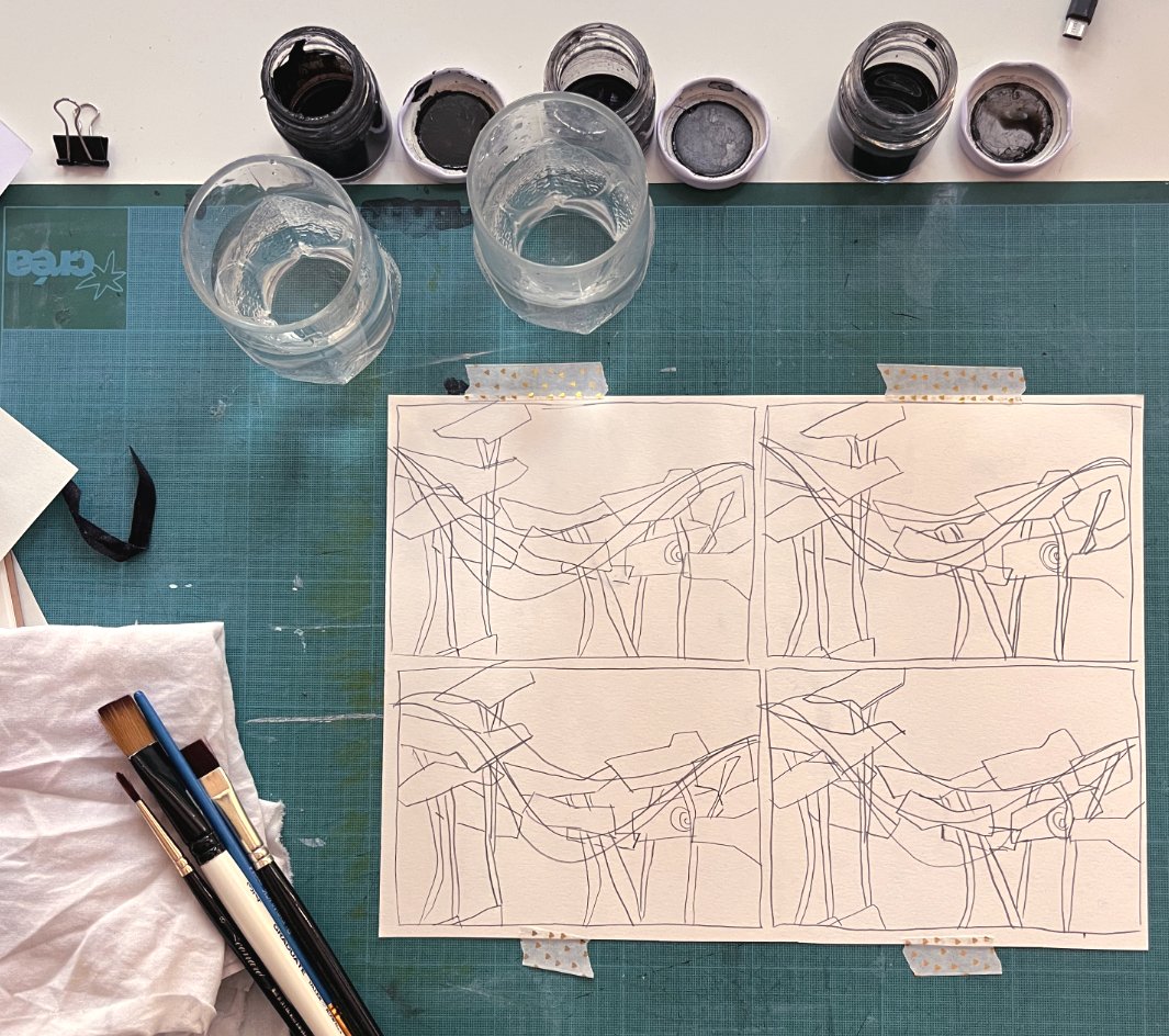Planche de dessins et croquis réalisés à la main par l'illustratrice Mathilde Greuzat pour son carnet de recherche.⁠