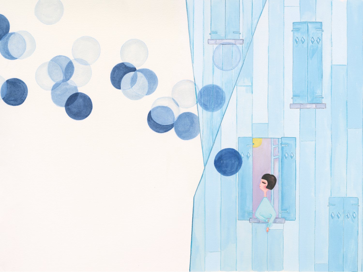 Illustration de Mathilde Greuzat : une jeune fille à sa fenêtre aux volets bleus, entourée de cercles bleus
