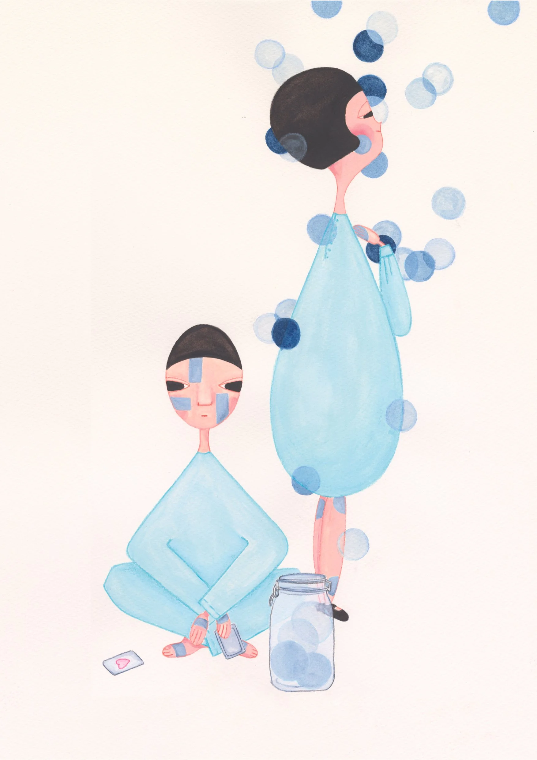 Une illustration minimaliste de deux personnages aux expressions mélancoliques : une personne assise  avec des marques sur le visage, et une autre personne debout, avec un visage souriant, entourées de bulles bleues et d'un bocal vide.