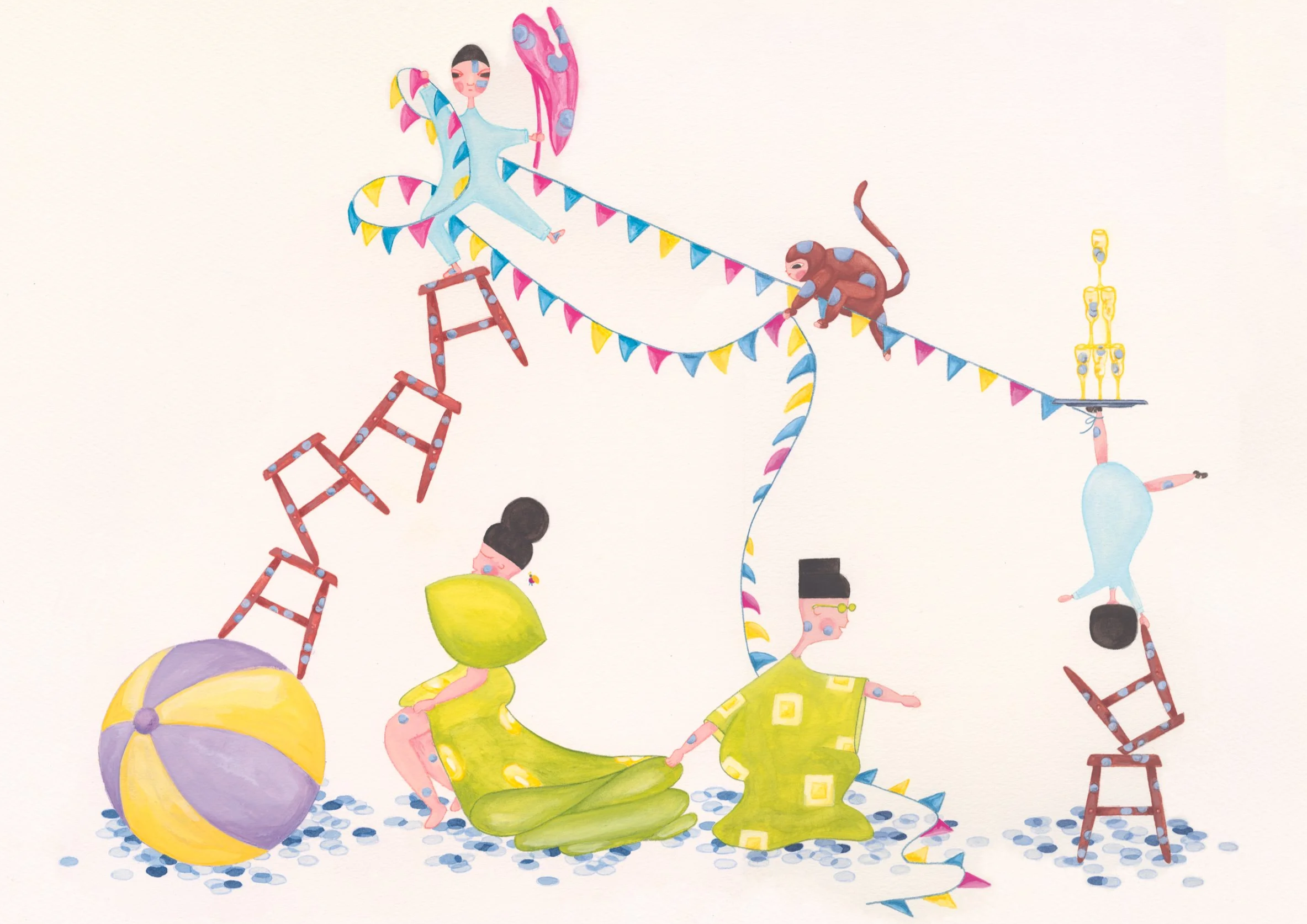 Une illustration colorée de personnes en kimono ajoutant des éléments à un spectacle de cirque avec des éléments comme un ballon, des chaises en bois, des animaux en peluche, et des guirlandes colorées.