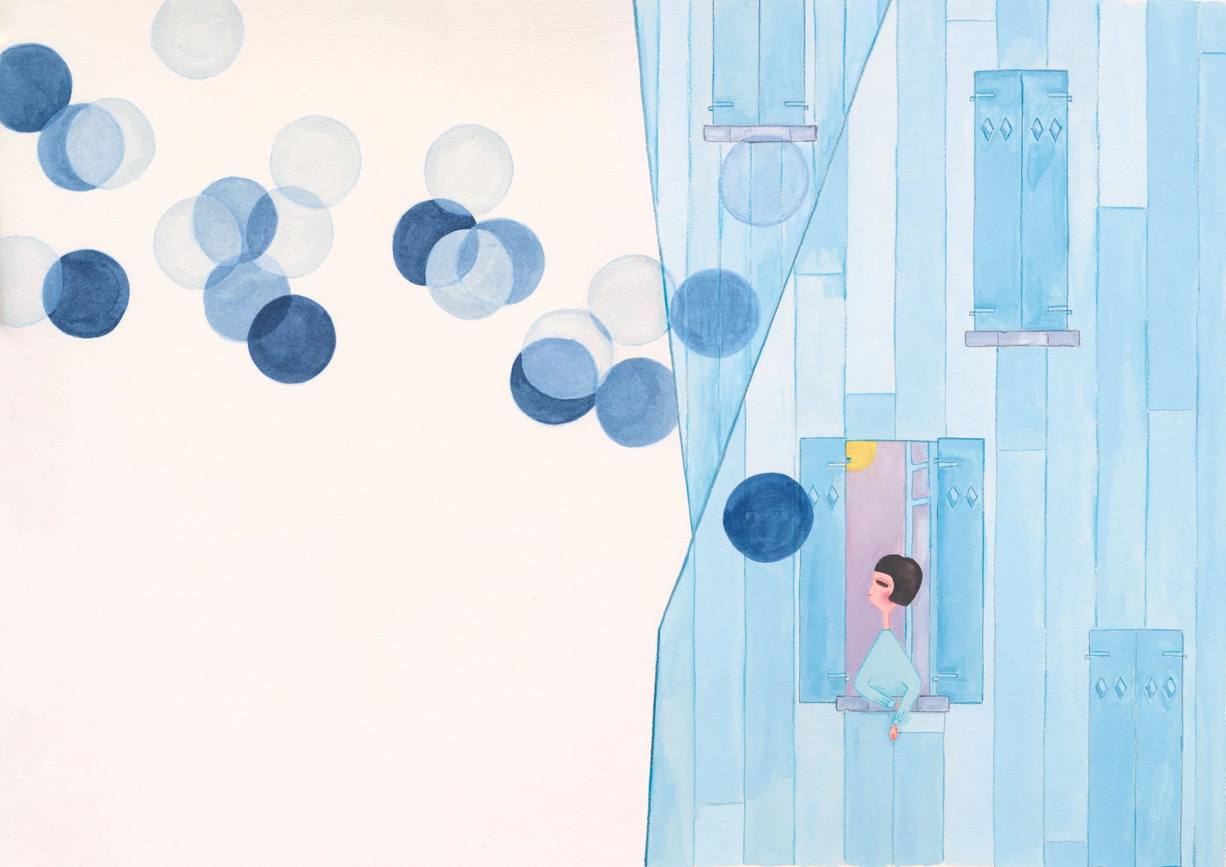 Une illustration représentant un bâtiment en bois bleu avec une personne regardant par une fenêtre ouverte, et des balles bleues flottant devant.
