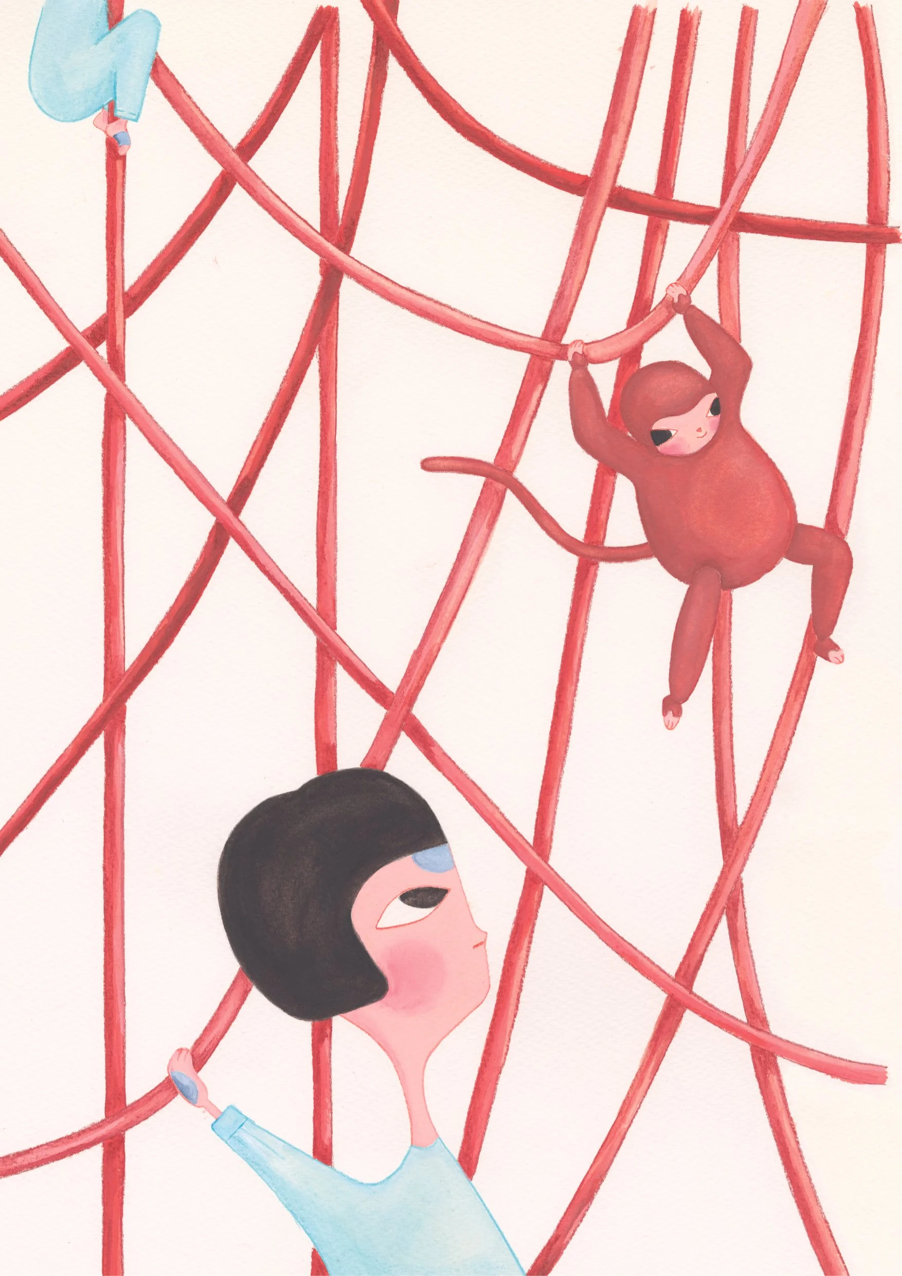 Une fille avec des cheveux courts noirs, portant des lunettes de vue, grimpe sur une toile d'araignée faite de branches rouges. Elle regarde un singe orange accrochée à la toile, avec un fond clair.