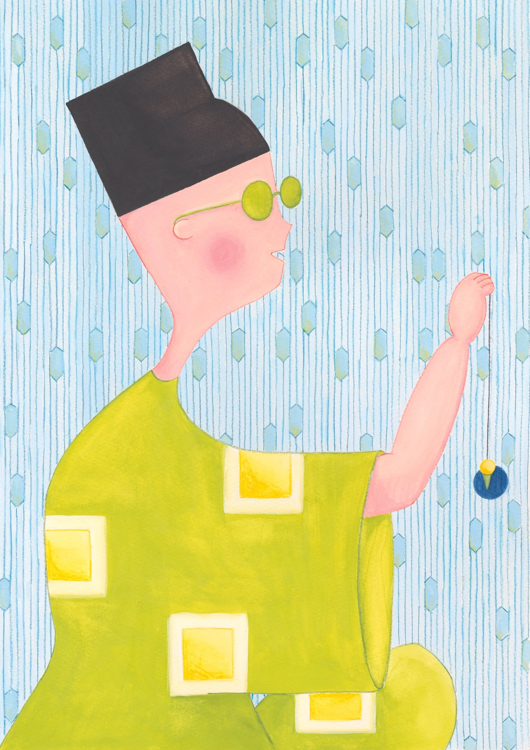 Illustration poétique d'un personnage avec une peau rose, portant des lunettes vertes, un chapeau noir et un vêtement vert avec des motifs de carrés jaunes, tenant un pendule.