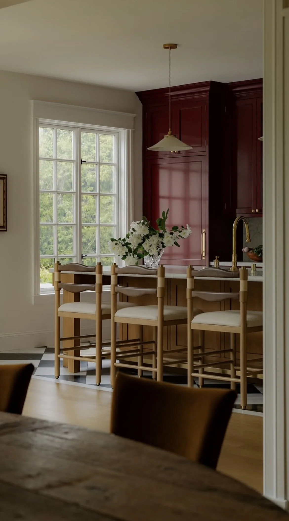Peak Pendant in kitchen remodel with red cabinets