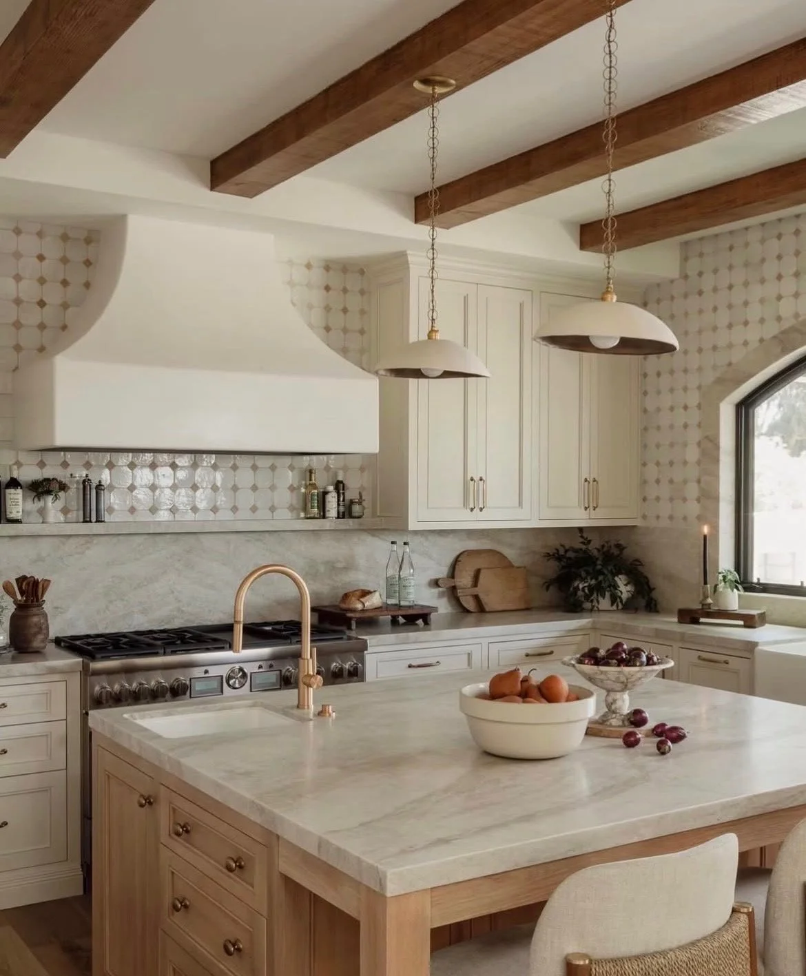 Tortuga Pendants over kitchen island with wood beam ceiling