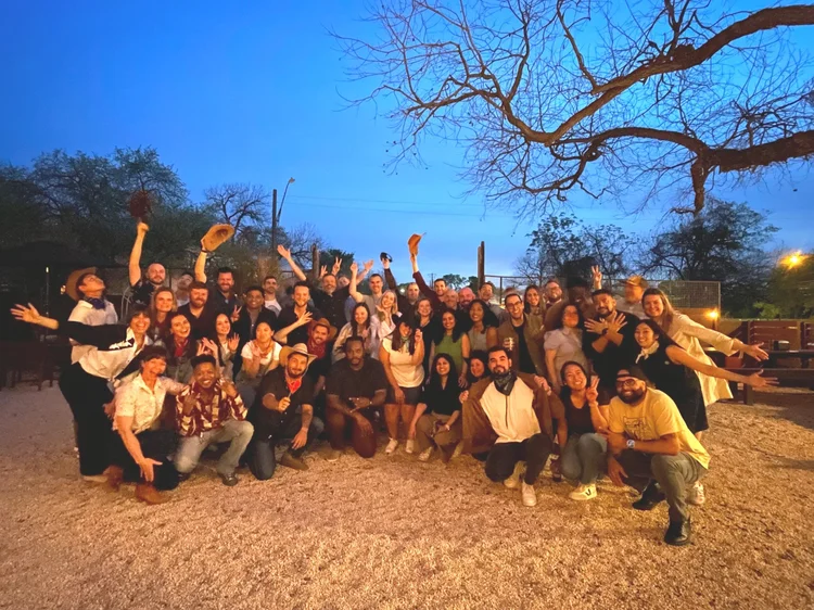 Large corporate group in a line dance lesson in Austin