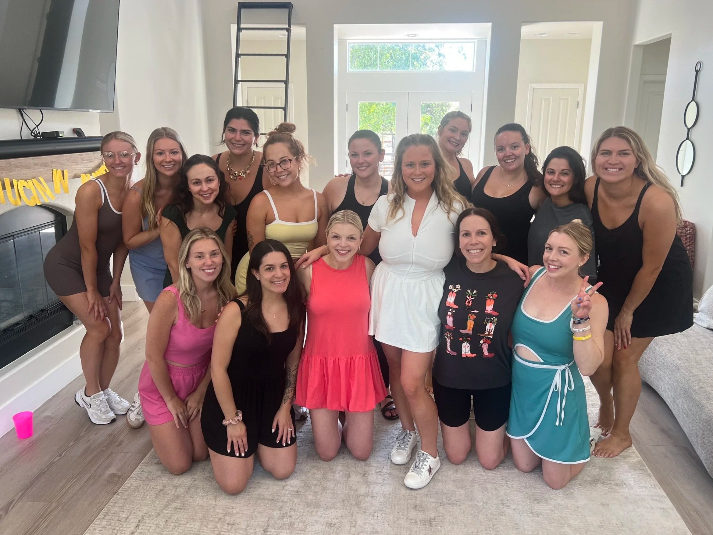 Austin bachelorette party group learning line dancing at honky-tonk venue with Double Or Nothing Two-Step instructor