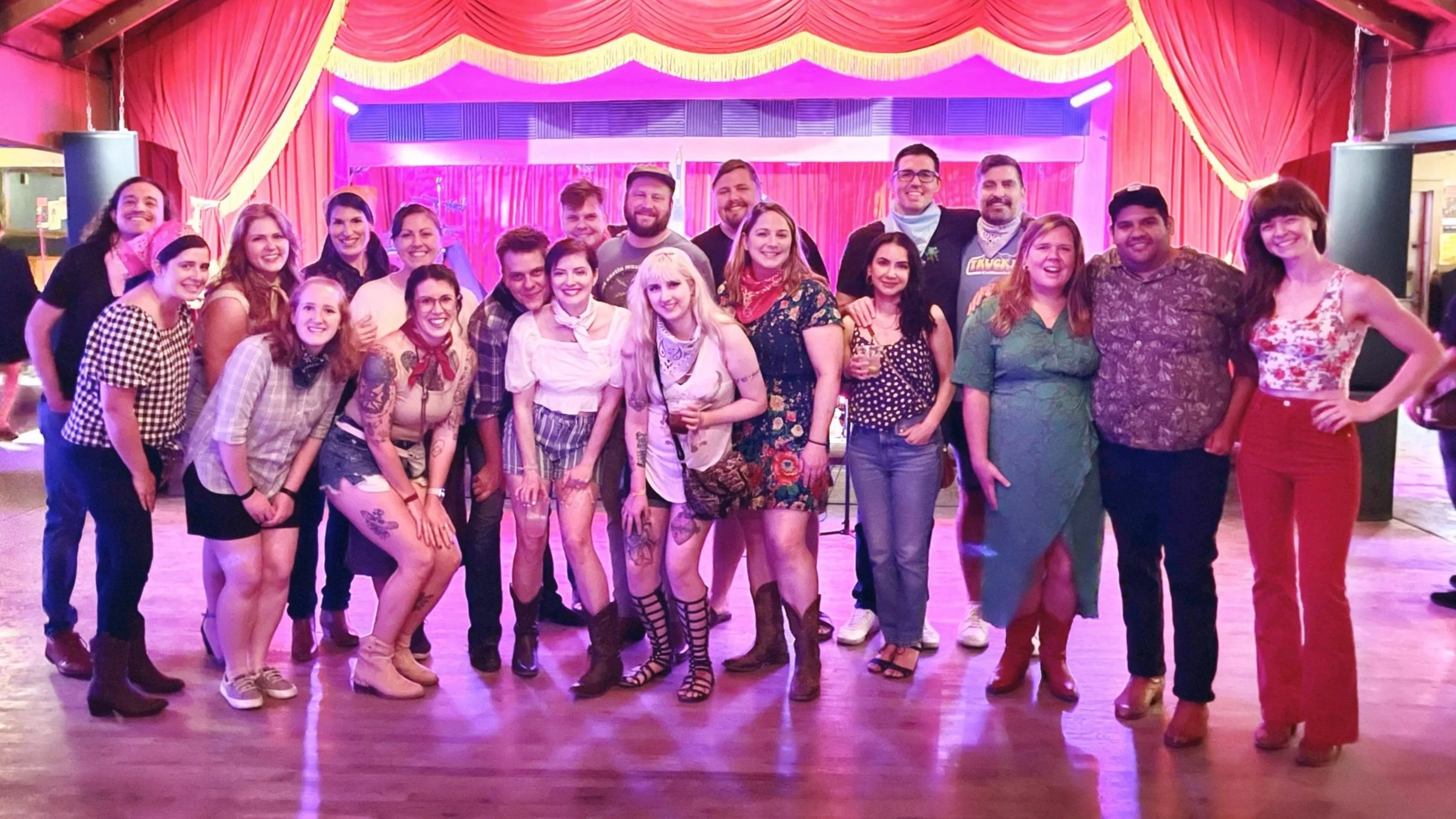 Bachelorette party line dancing lesson at Sagebrush Austin Texas with wooden dance floor