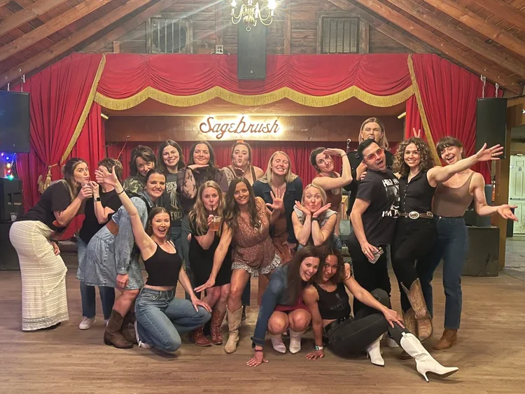 An Austin bachelorette party on the dance floor at a Double or Nothing line dance lesson