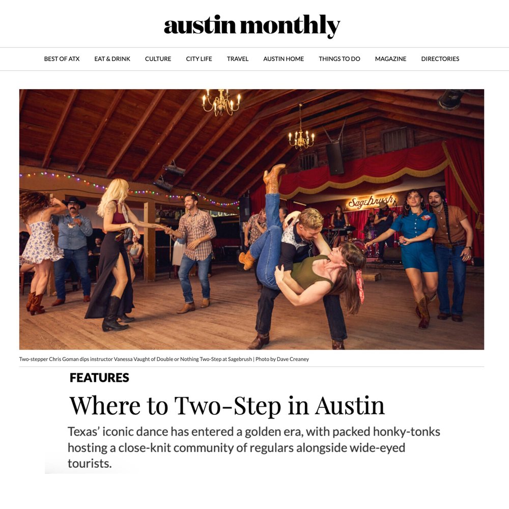The Austin Monthly feature Where to Two-Step in Austin, opening on a photo of Vanessa Vaught being dipped at Sagebrush