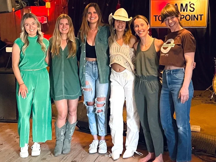 A bachelorette group having a blast at a Double or Nothing line dance lesson in Austin