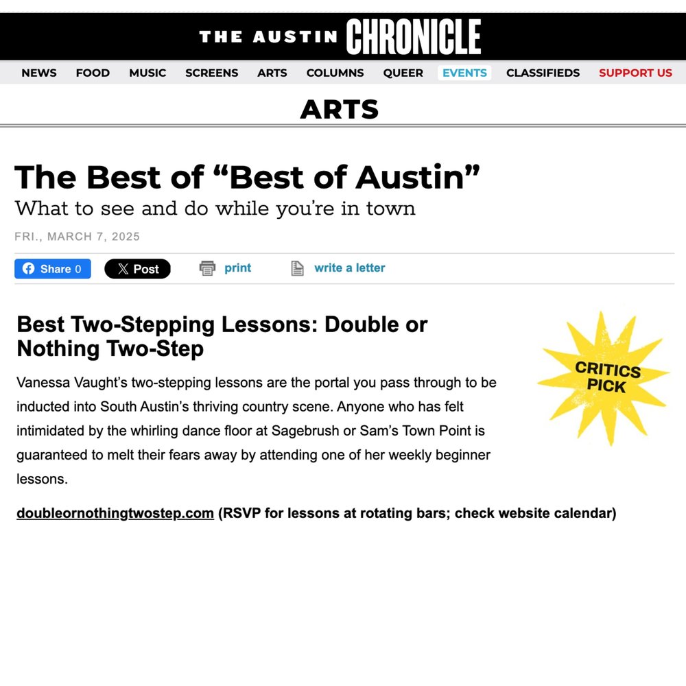 The Austin Chronicle Best of Austin award for Best Two-Stepping Lessons, won by Double or Nothing Two-Step, with the Critics Pick starburst