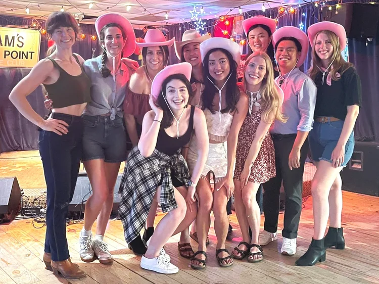 A bachelorette party posing after a line dance lesson in Austin