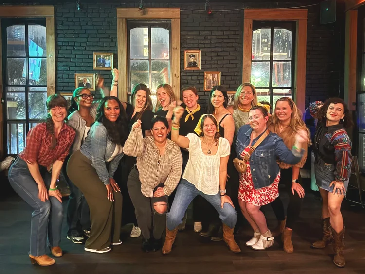 An Austin bachelorette party on the dance floor at a Double or Nothing line dance lesson