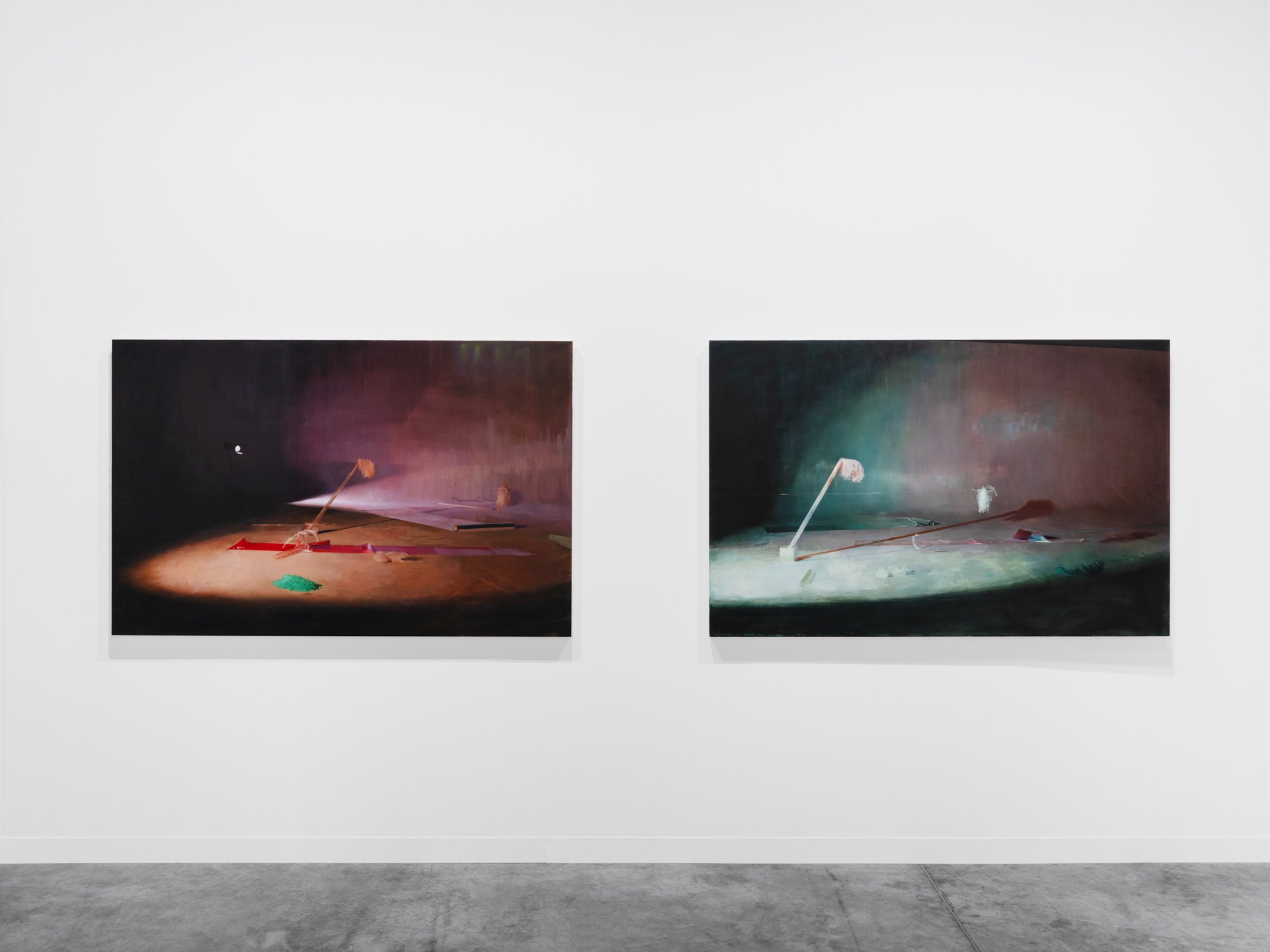 Love in the Italian Theater (left), 2025
Oil on linen
45 x 70 in
Love in the French Theater (right), 2025
Oil on linen
45 x 70 in