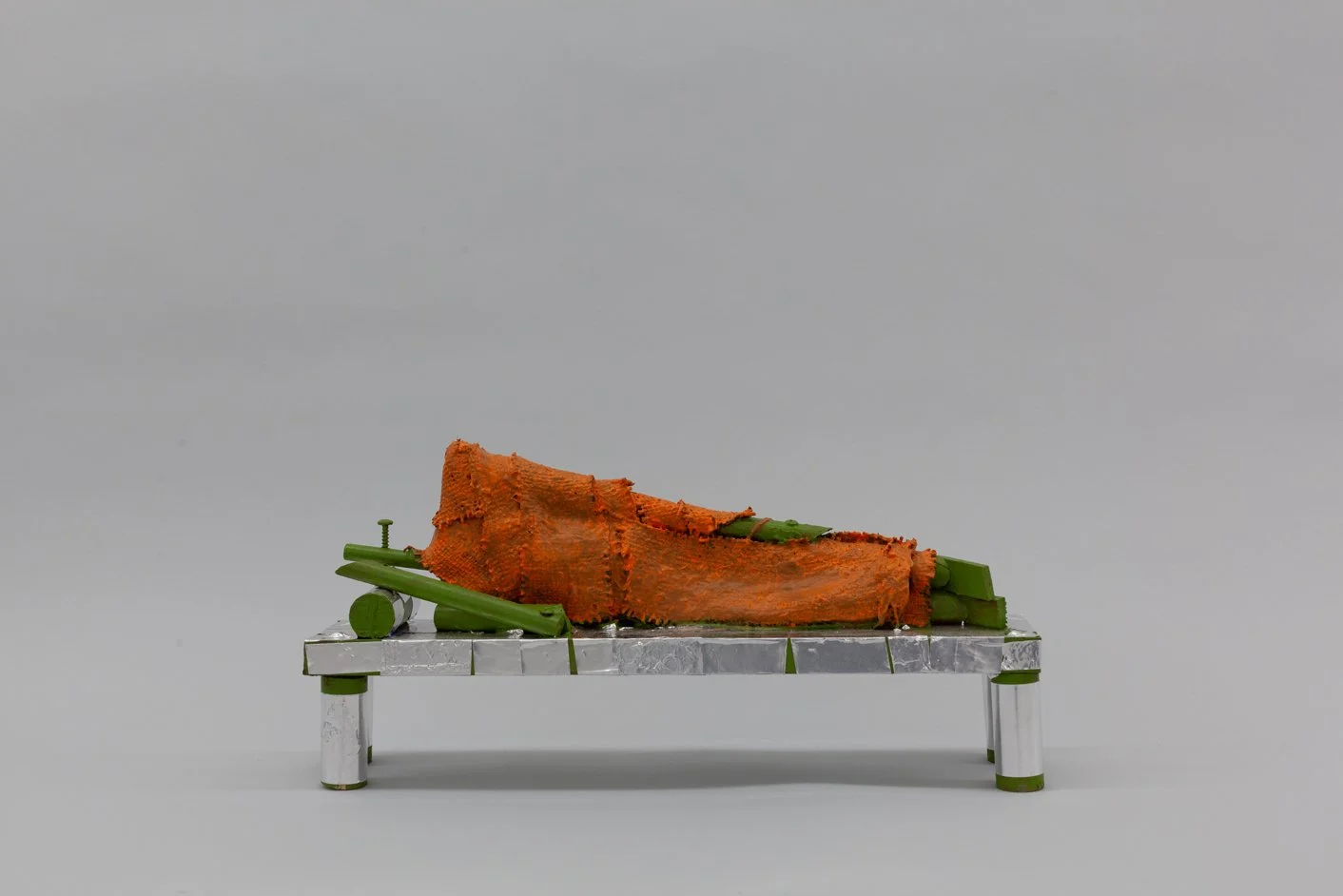 Parinirvana (monk), 2025
Wood, hydrocal, burlap, paint, screw, aluminum tape
8 x 16 x 3½ in