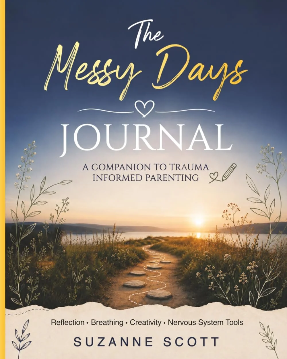 Messy Days Journal Cover. There is a blue sky with a sun on the horizon and at the bottom of the cover is a path winding through a green field