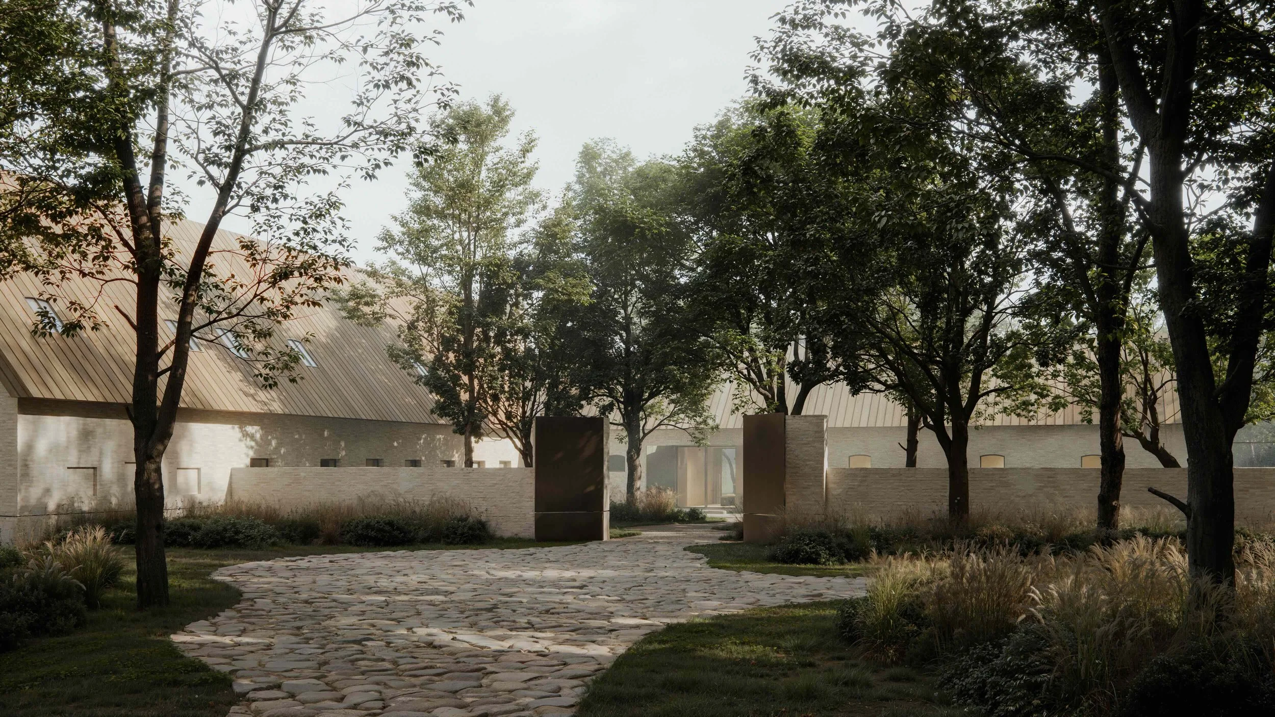 A peaceful outdoor scene with a cobblestone pathway, trees, and modern buildings with sloped roofs in the background.