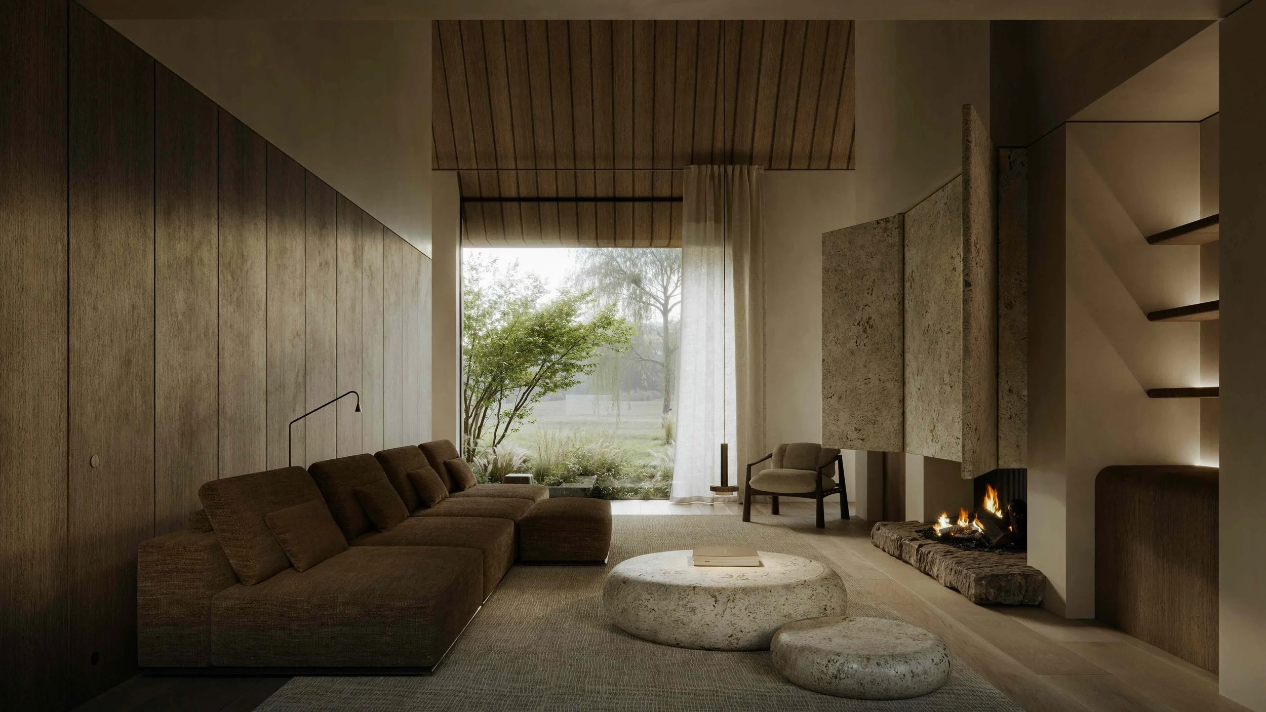 Modern living room with a brown sectional sofa, stone coffee table, beige armchair, and a fireplace, with large window showing outdoor greenery.