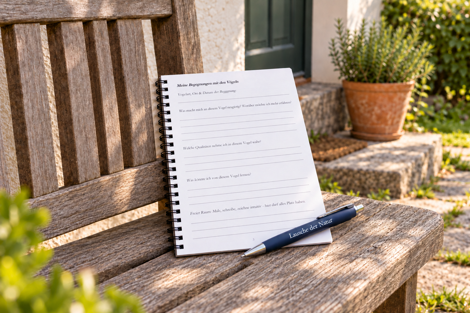 Weißes Spiraljournal auf der Holzbank.png