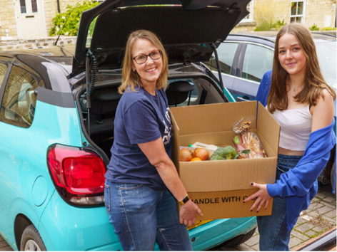 Two women loading a cardboard box filled with groceries into a car's trunk in a parking lot.