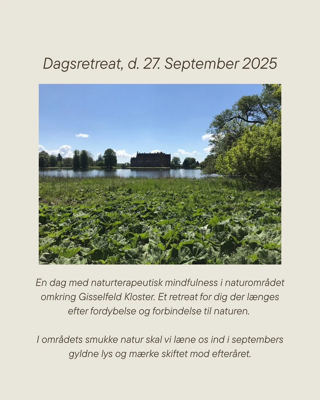 🌻Dagsretreat i den smukke natur ved Gisselfeld Kloster 🌻

En dag for dig der l&aelig;nges efter fordybelse og forbindelse til naturen. 

I omr&aring;dets smukke natur skal vi l&aelig;ne os ind i septembers gyldne lys og m&aelig;rke skiftet mod efte
