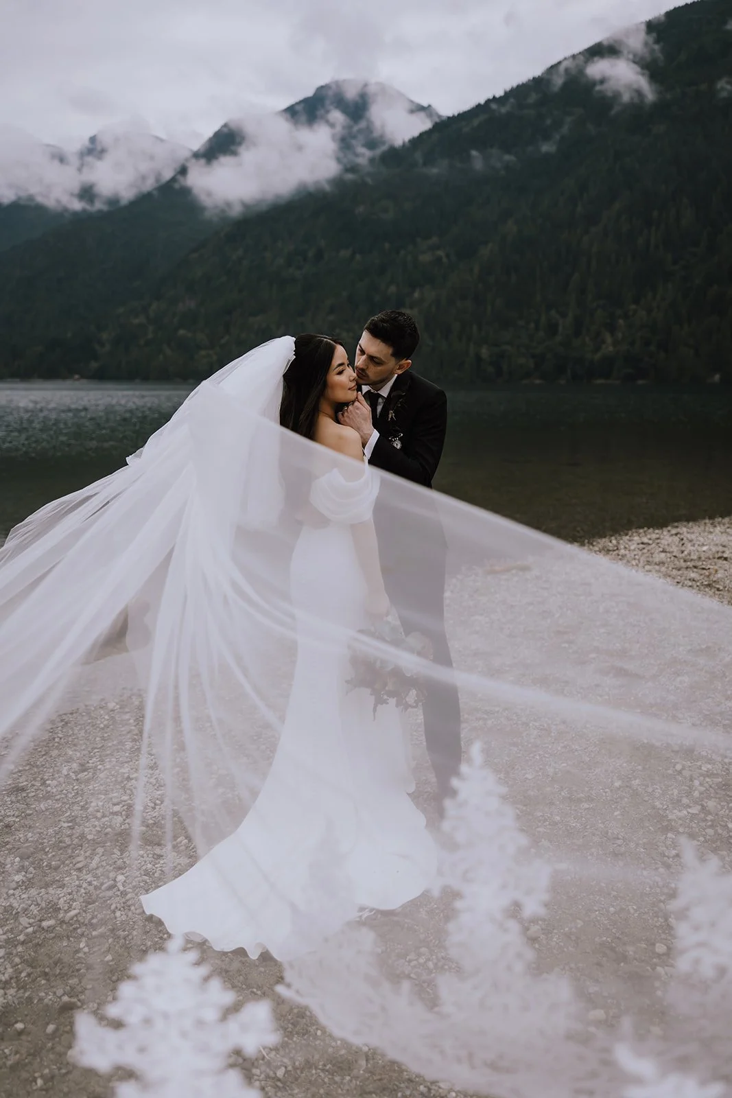 Bride and groom embracing during their Golden Ears Provincial Park elopement in BC.