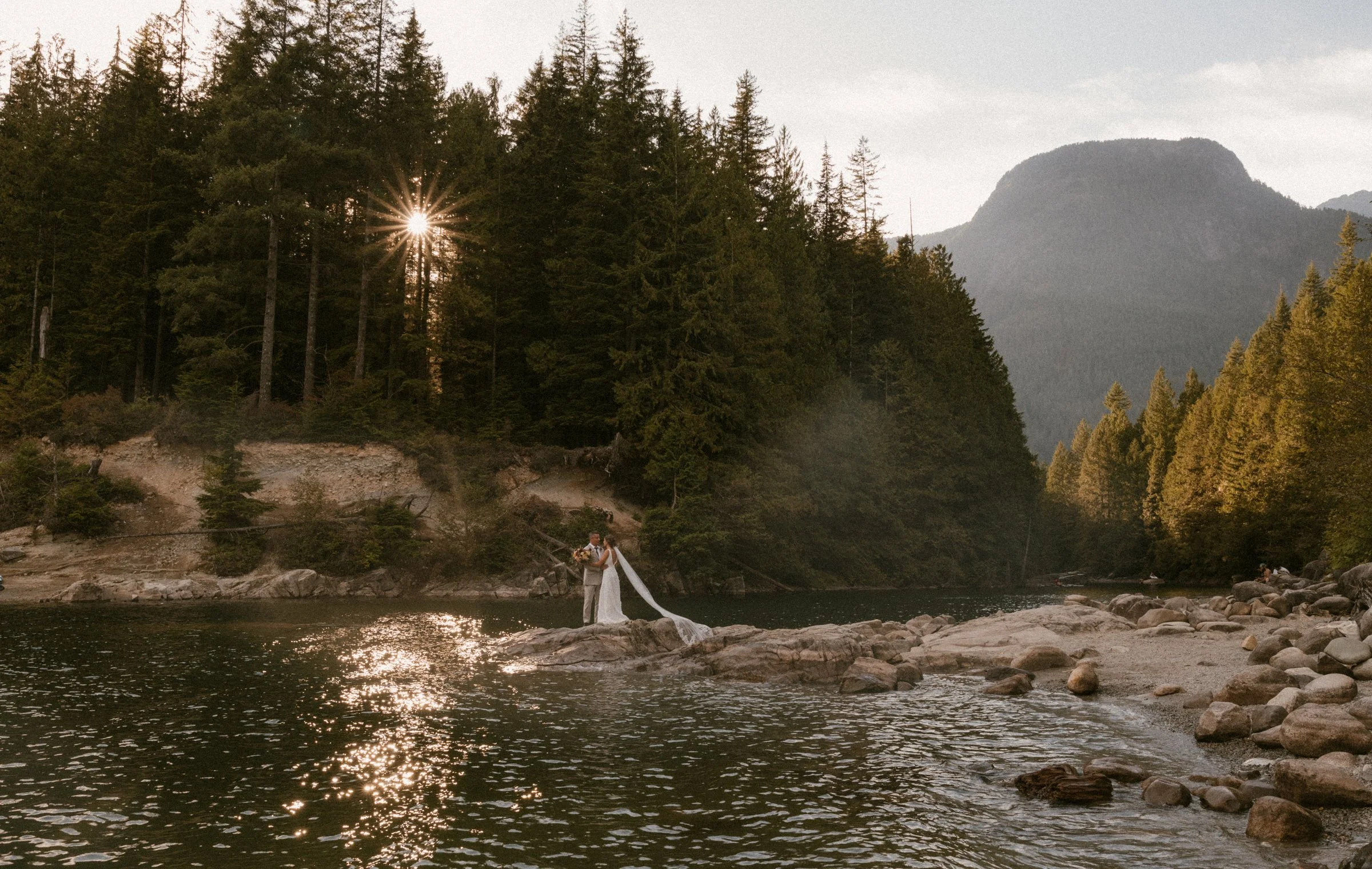 A bride and groom suring their Alouette Lake elopement
