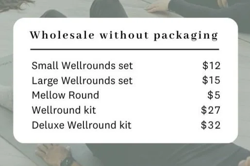 Wholesale price list for Wellrounds products, including Small Wellrounds set for $12, Large Wellrounds set for $15, Mellow Round for $5, Wellround kit for $27, and Deluxe Wellround kit for $32. Background shows people on exercise mats.
