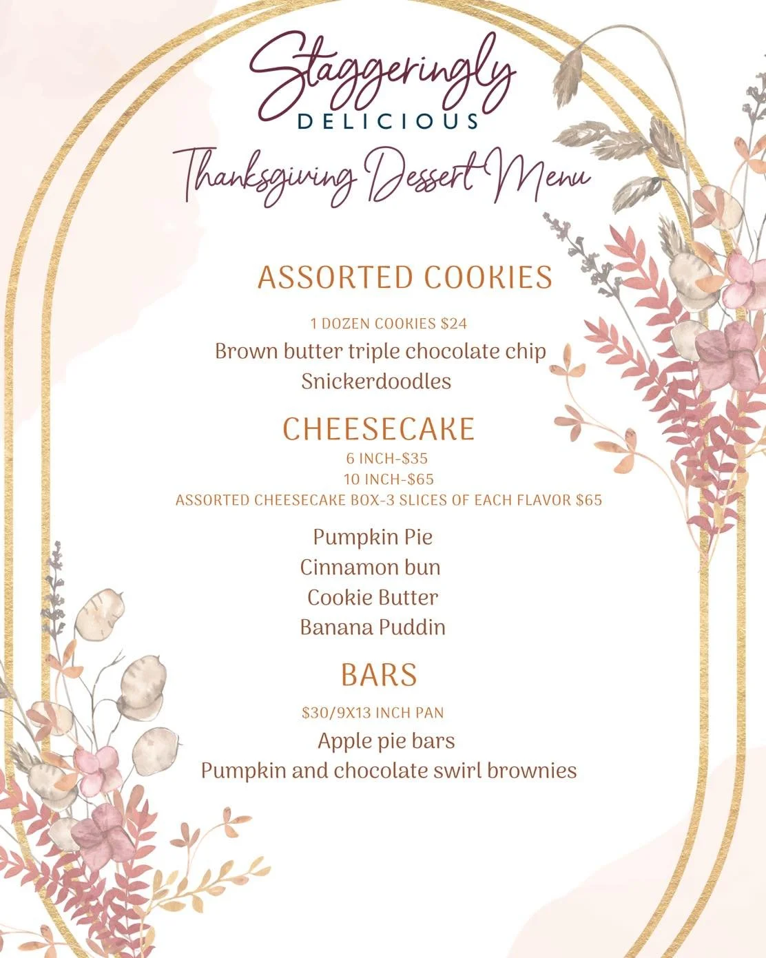 Here&rsquo;s my thanksgiving preorder menu!! 

The last day for preordering will be Sunday, November 23. 

All orders must be paid in full ahead of time to confirm the order is placed. 

Pickups will be Wednesday, the 26th, from 12-5:30 and Thursday,