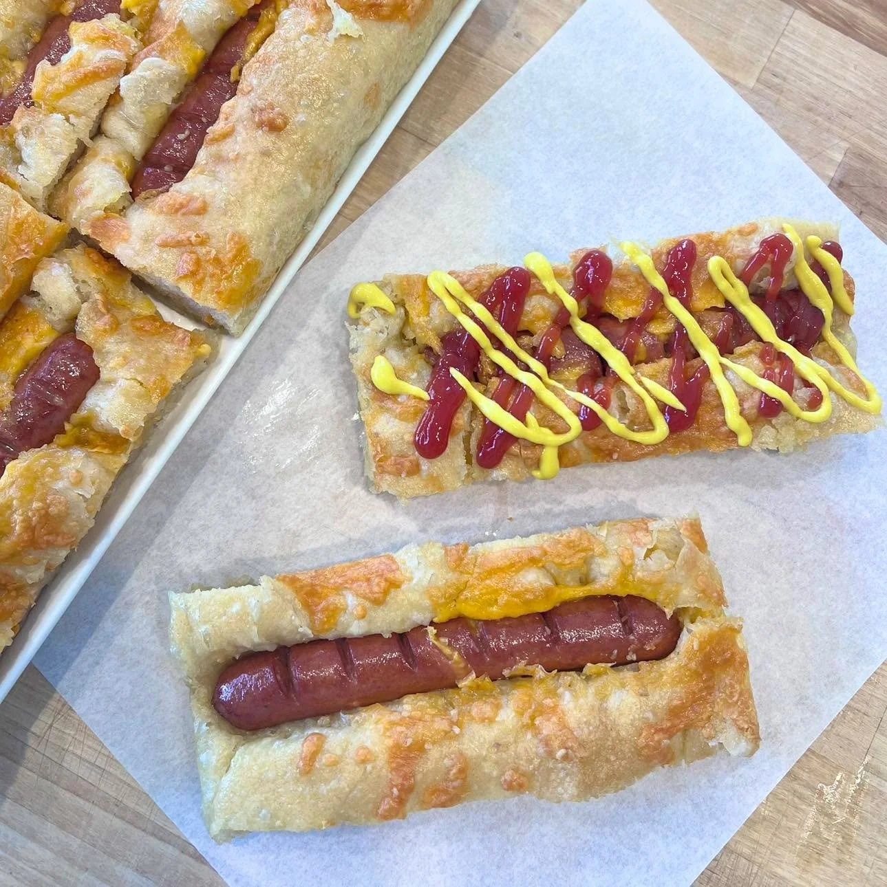 New lunch bakery item!! Apparently focaccia hot dogs have been going viral on social media. So I decided to take a stab at it! They&rsquo;re pretty delicious. 

Cheddar cheese focaccia, Hebrew National
All beef hotdogs, brushed with garlic butter. 

