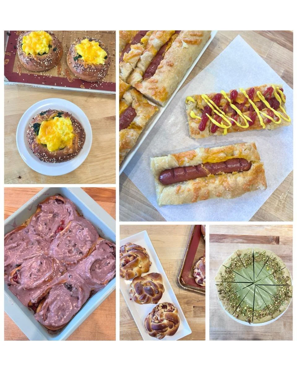 The case is stocked with all kinds of deliciousness. Lots of new stuff, and also the regular favorites. It&rsquo;s a beautiful day to stop in and try something. 

Pictured:
-spinach, mushroom, cheesy egg danish 
-cheesy focaccia hot dog 
-triple berr