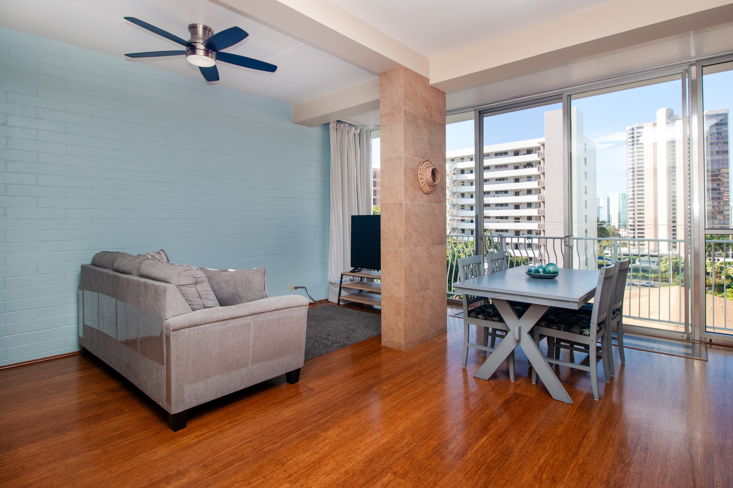 Living and dining area. Bamboo laminate flooring was refinished (sanded and re-stained) in 2021.