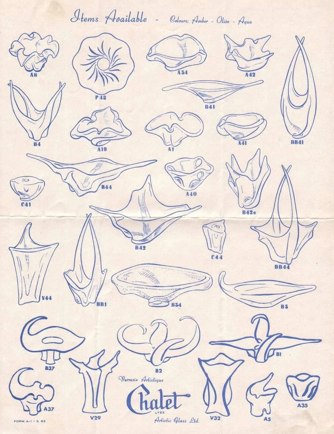 The Early Chalet “1963 Items Available” production forms