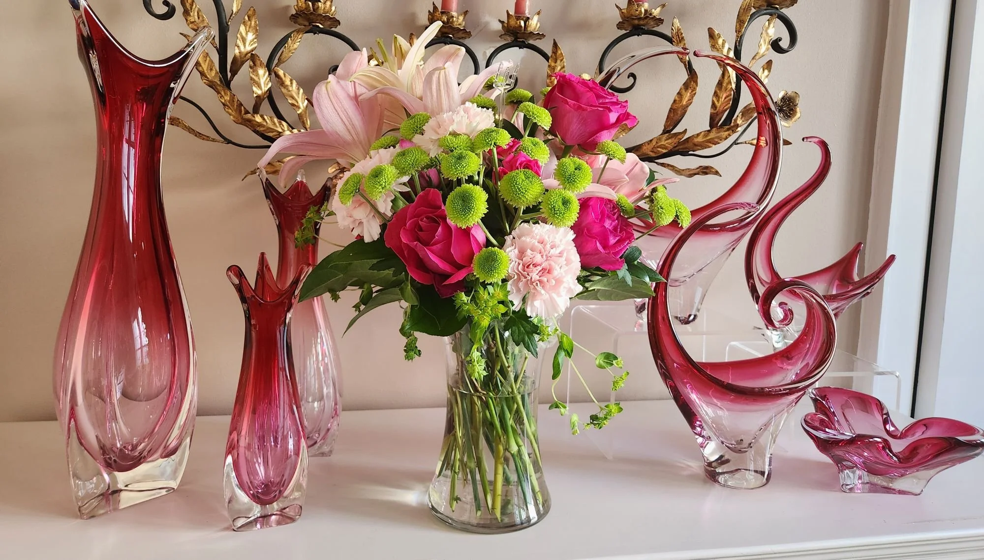 Susan Mitchell's cranberry and crystal "garden."