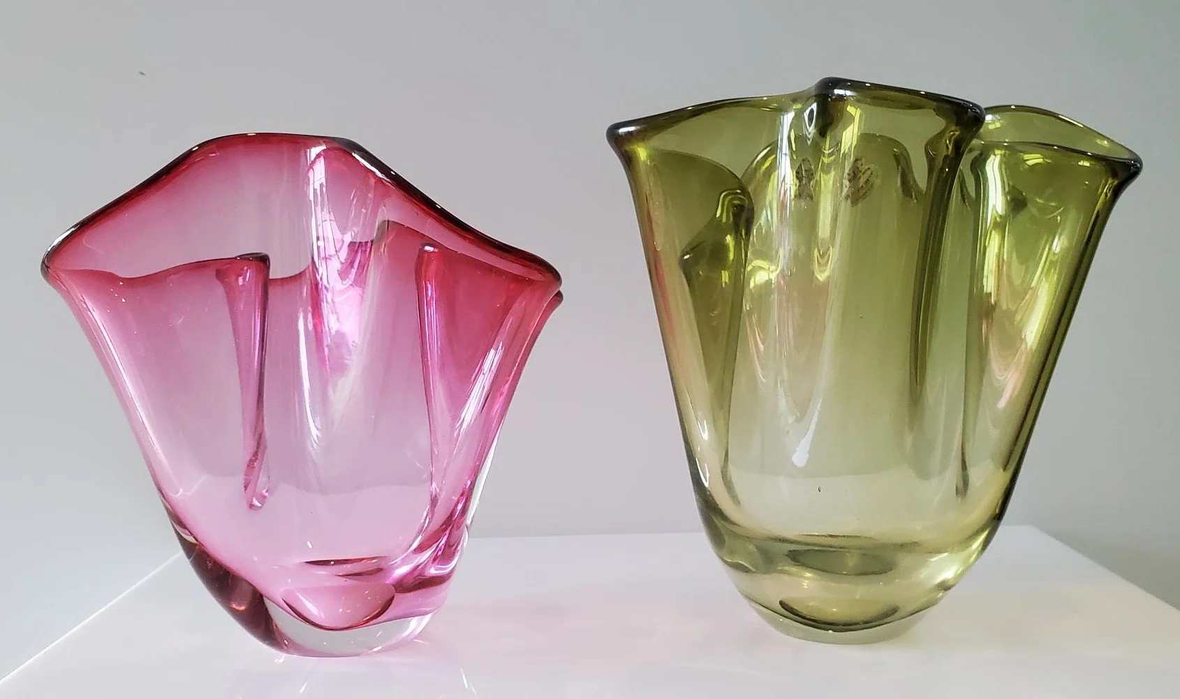 2 of my cuties - a cranberry piccolo handkerchief and an olive 7" production. Both are etched.