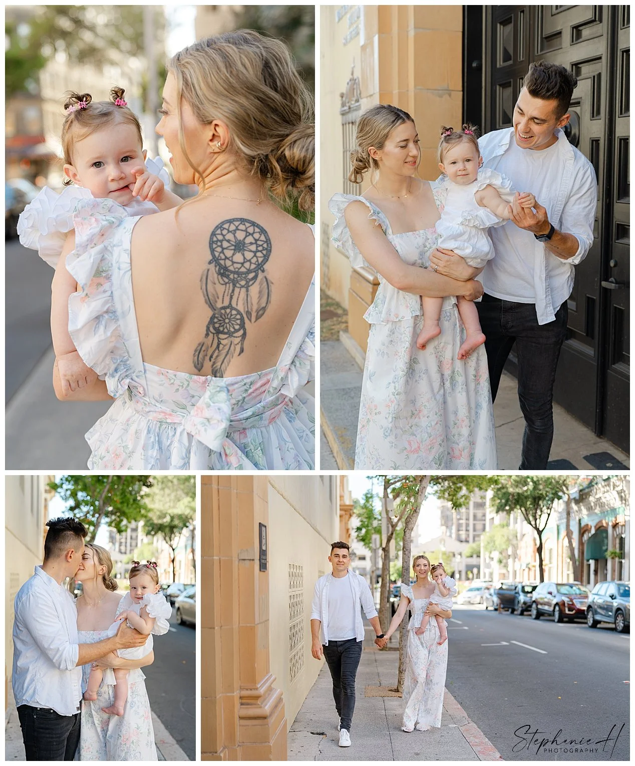 Honolulu family photographer captures a mother and toddler laughing on urban streets. Floral dress, tiny hair buns, and a dreamcatcher tattoo add personal flair to this intimate downtown session.