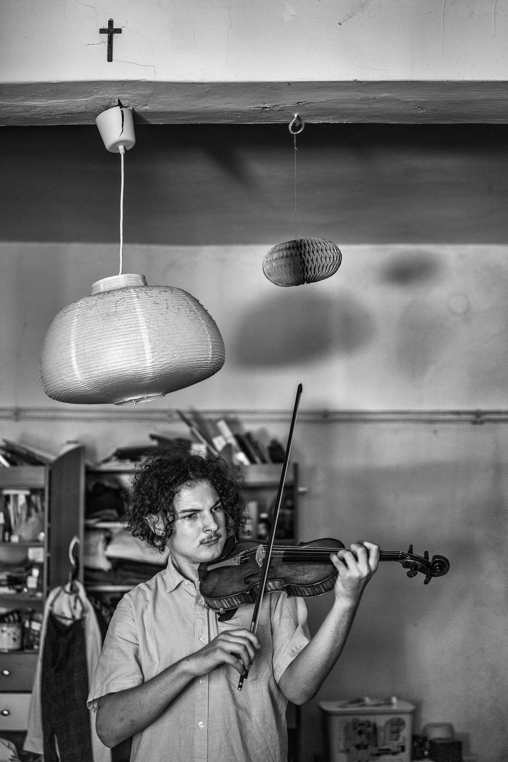 Simon practices the most in his family's living room. This is his first own instrument.