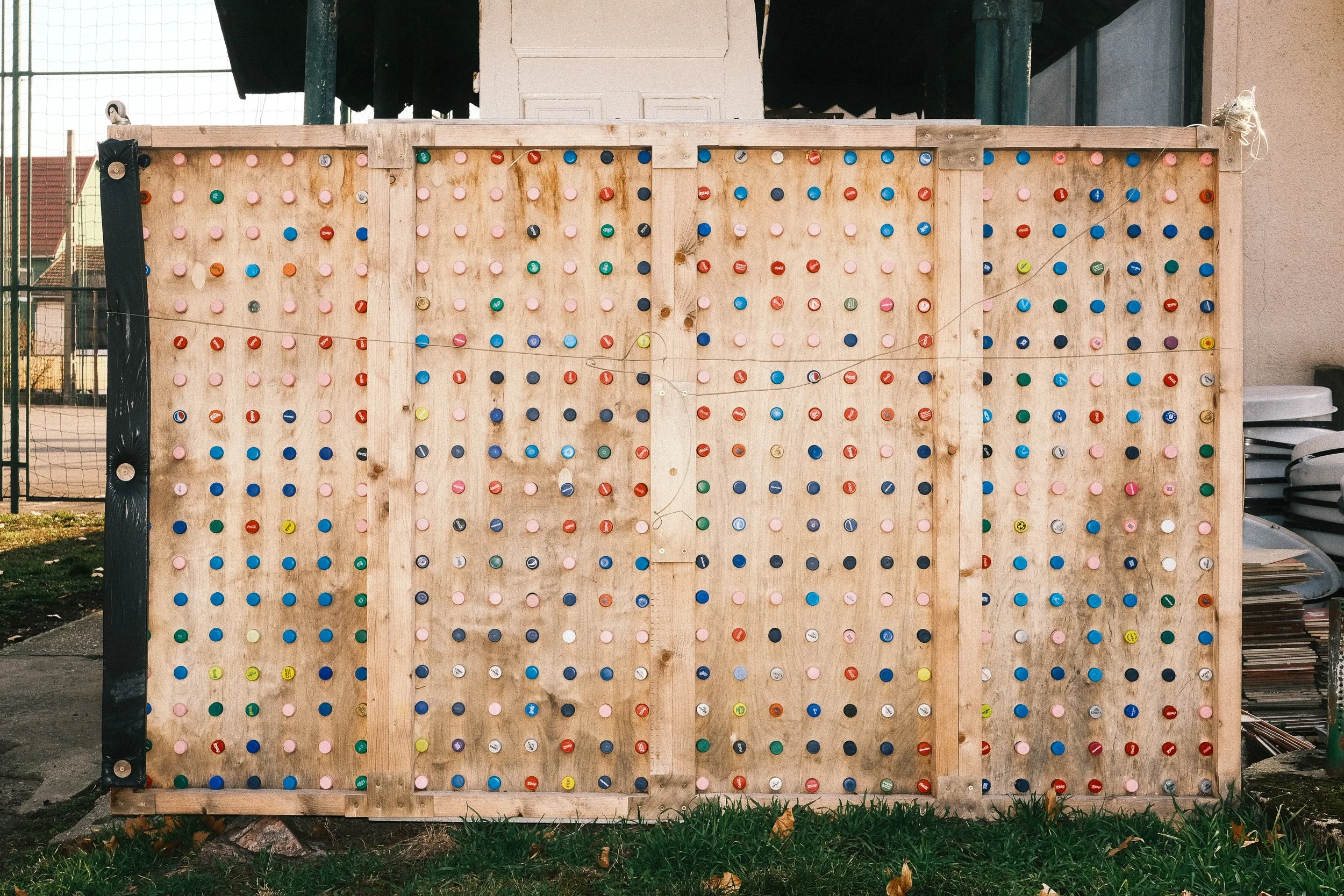 
A raft made from empty PET bottles rests in the schoolyard