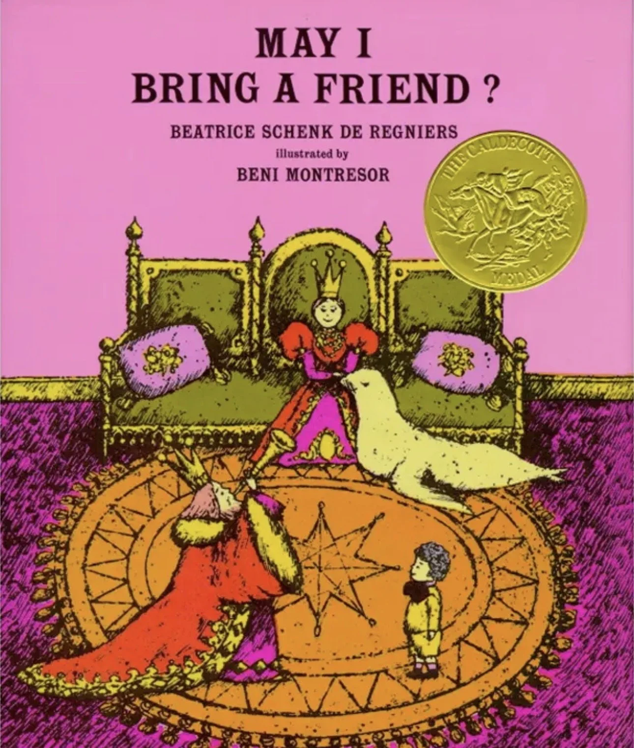 Children with a person dressed as a royal figure in a colorful illustrated storybook scene set in a royal room with a large ornate rug.