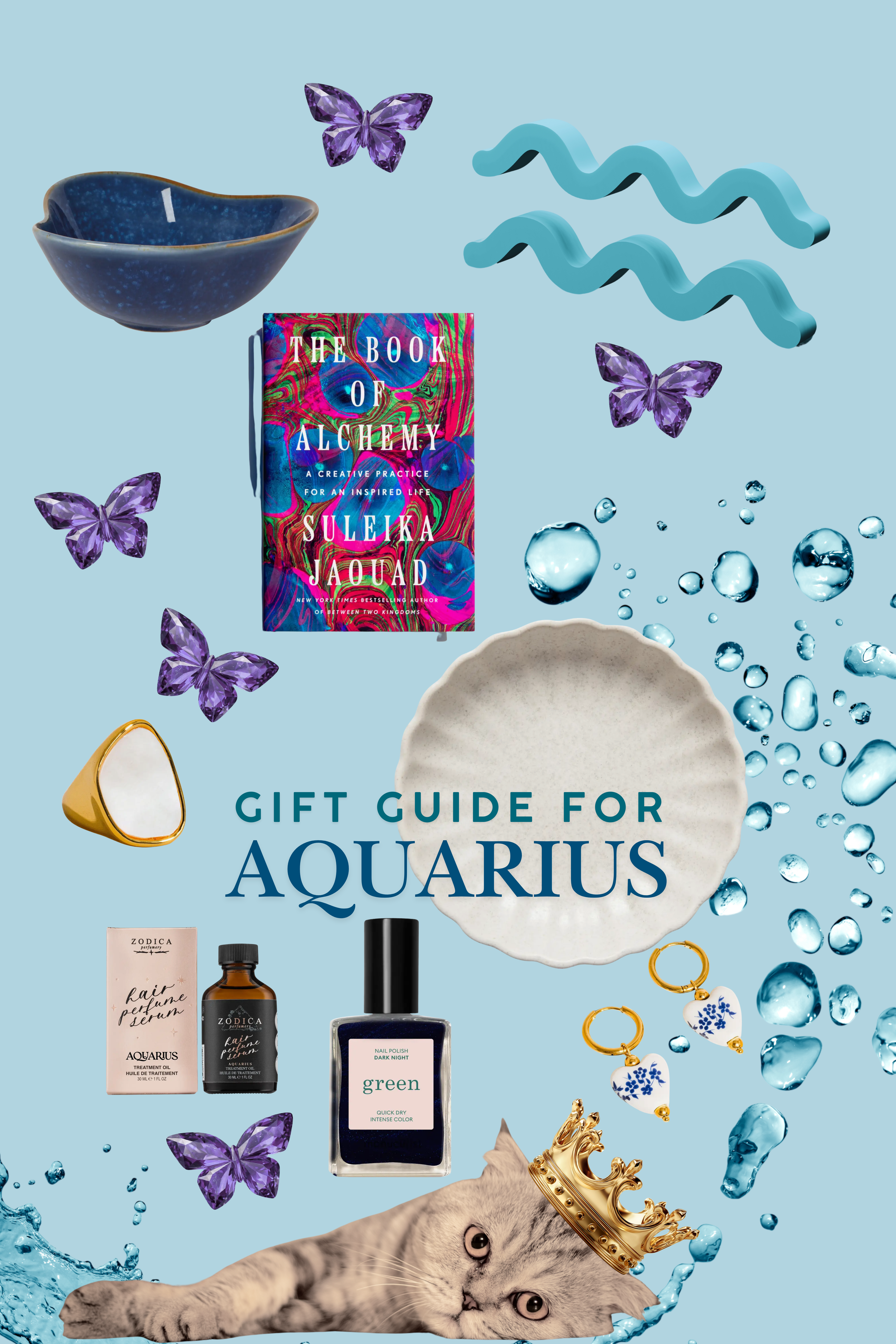 A gift guide for Aquarius with a book titled 'The Book of Alchemy', a candle, purple butterflies, blue wave decorations, a shell, a nail polish bottle labeled 'green', Aquarius-themed perfume and jewelry, and a playful cat wearing a gold crown against a light blue background.
