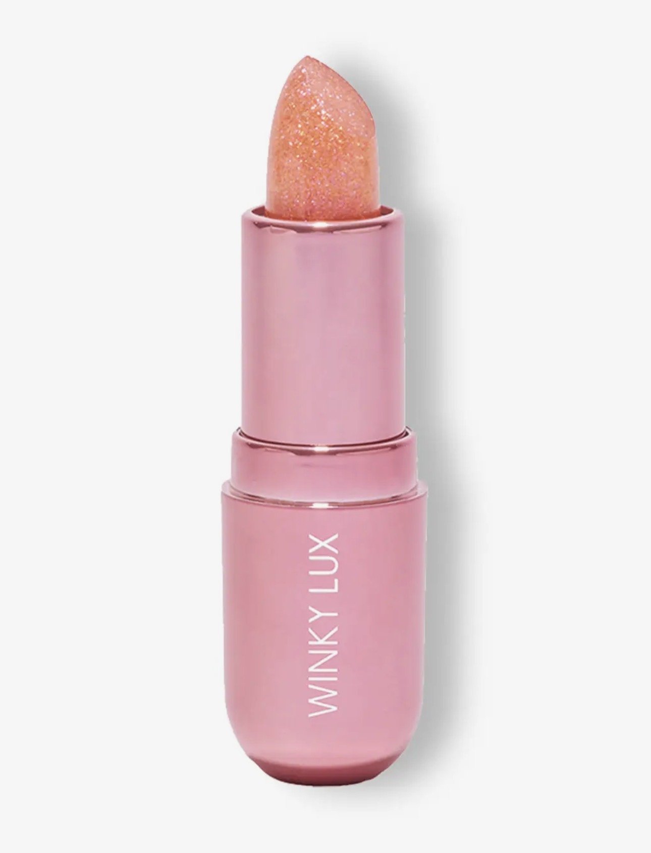 A pink Winky Lux lipstick tube with a glittery, light peach lipstick inside. The tube has the words 'WINKY LUX' written vertically.