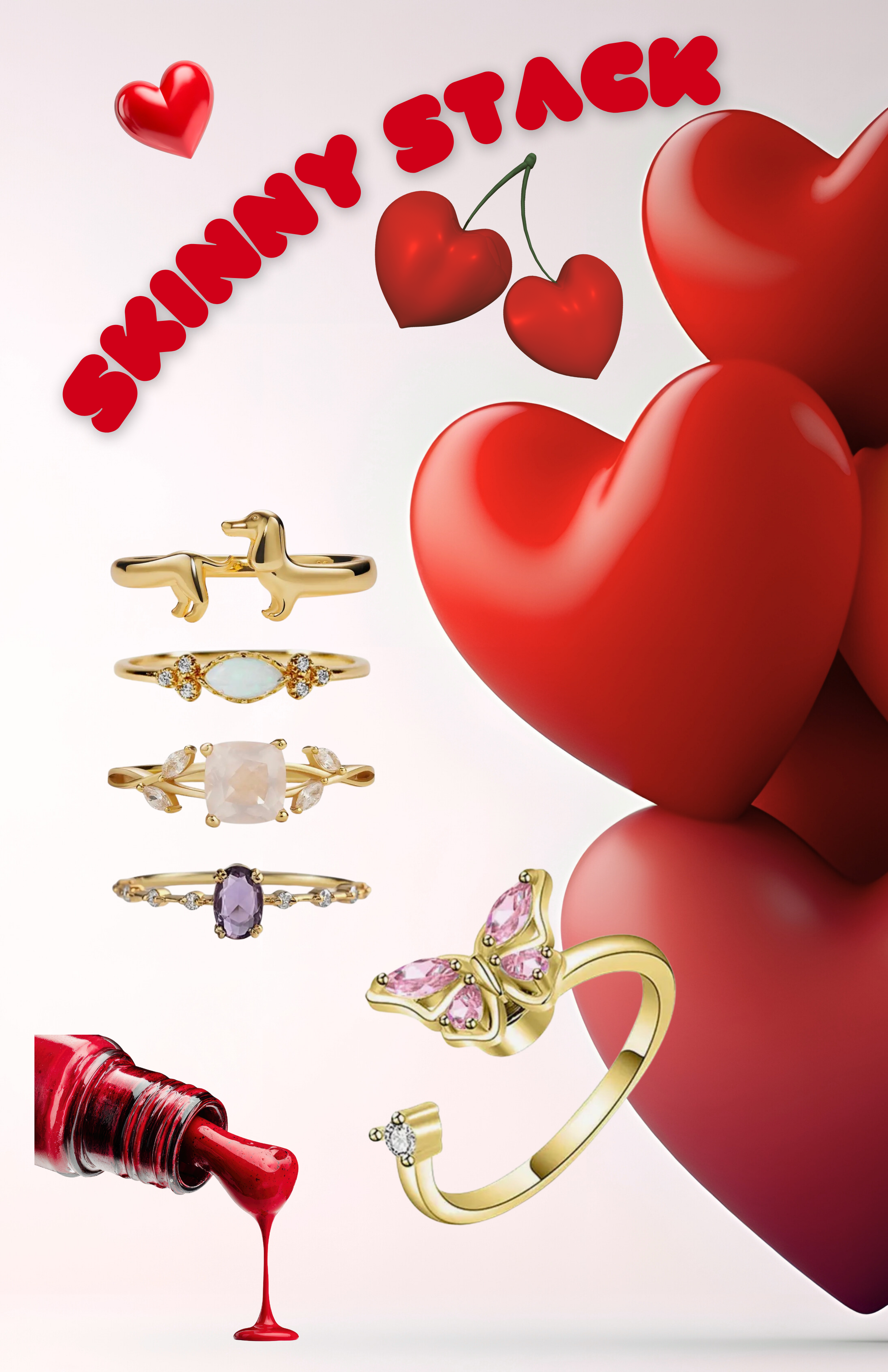 Valentine's Day themed image with red hearts, cherry-shaped earrings, multiple rings with gemstones, and red nail polish. The text reads 'Valentine's Day Sparkly Stack'.