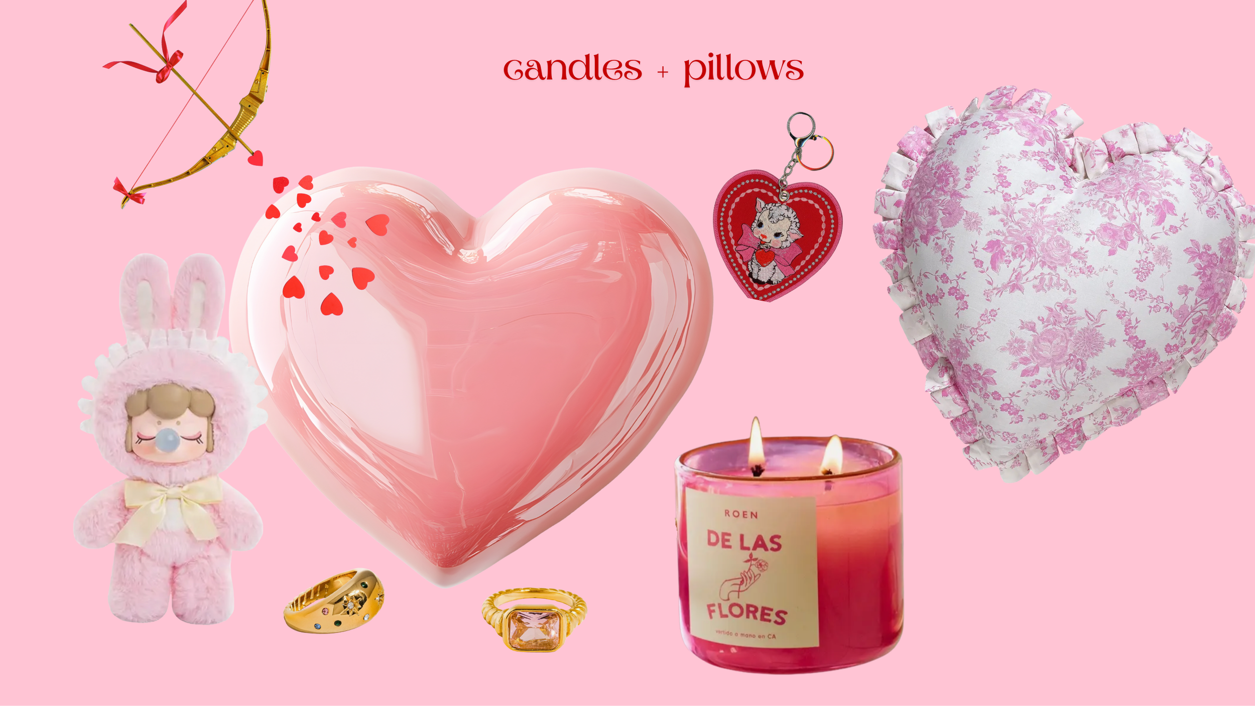 Pink background with Valentine's Day themed gifts including a plush bunny, a large pink heart-shaped balloon, a small stuffed sheep with wings and a pacifier, a heart-shaped keychain with a cartoon character, a pink floral heart pillow, a pink candle with flames, and two rings.