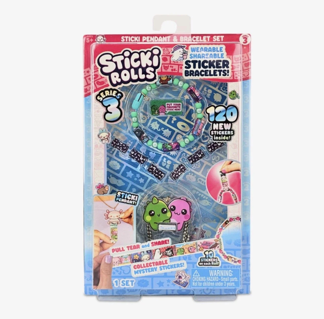 Children's Sticki Rolls sticker pendant and bracelet set with colorful beads, stickers, and character charms, packaged in a pink and blue box.