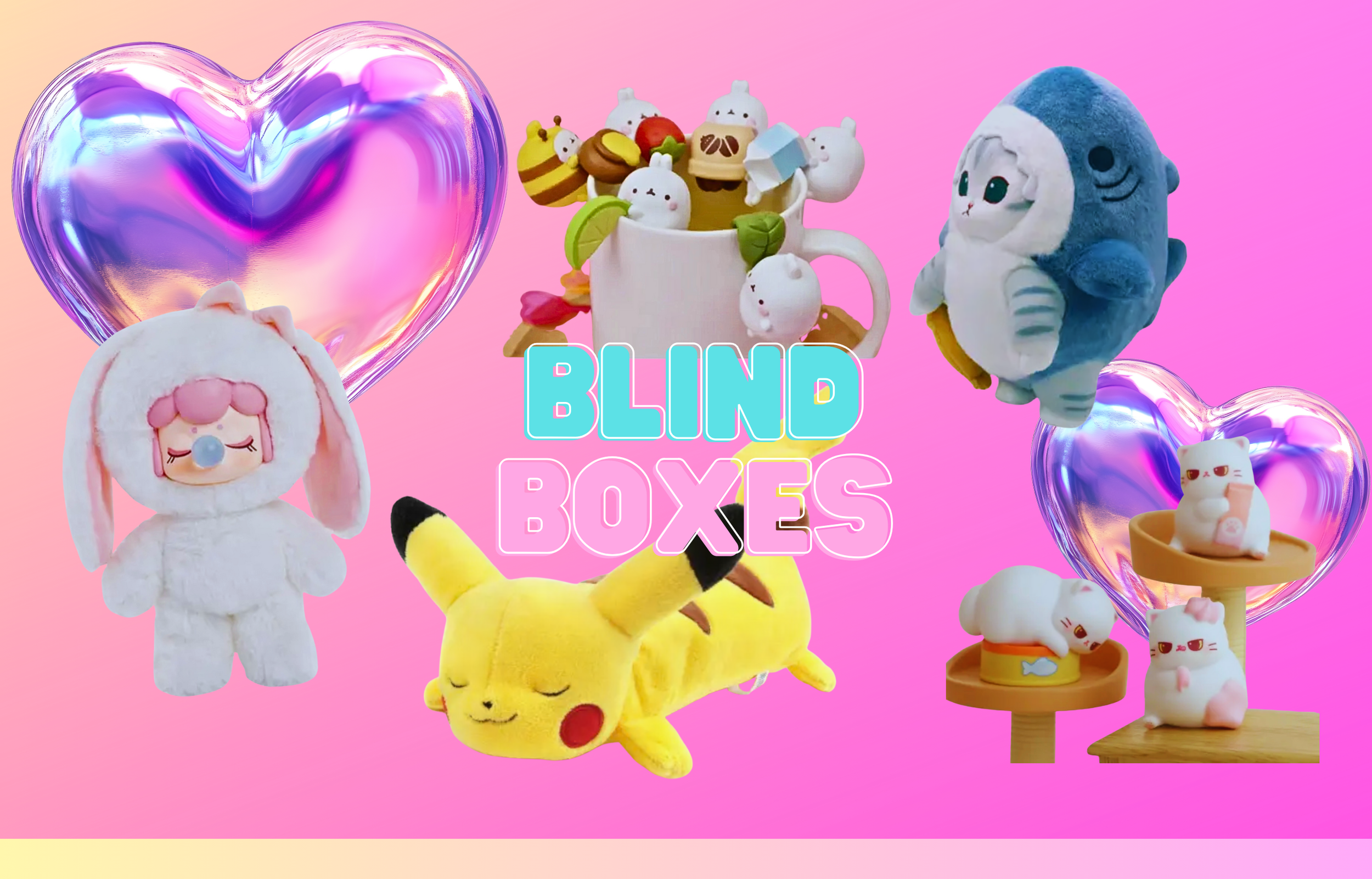 Colorful plush toys and figurines with neon sign reading 'BLIND BOXES' against a pink background, featuring a white bunny, a yellow Pikachu plush, a blue and white whale plush, a white cat figurine, and a mug filled with small animal plush toys.