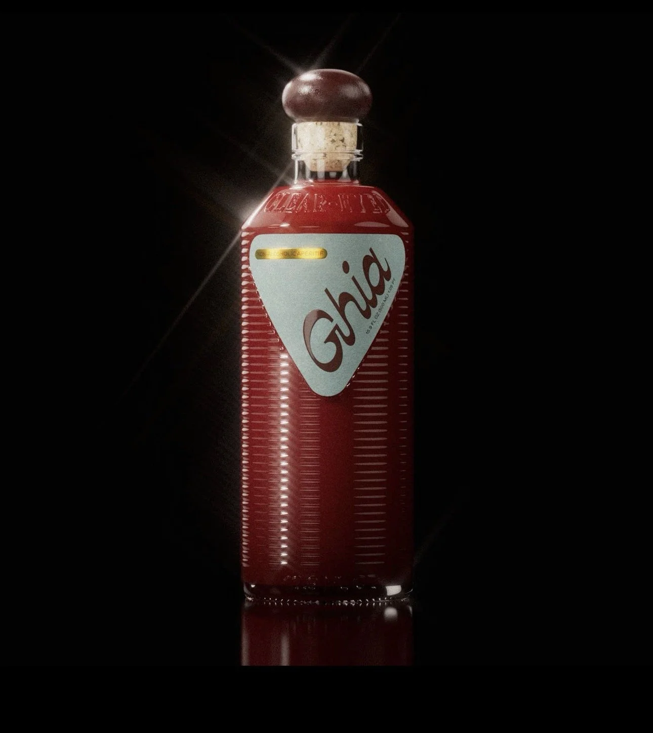 A bottle of Chilean Chile Piqui labeled 'Ghia' with a cork stopper, illuminated against a black background.